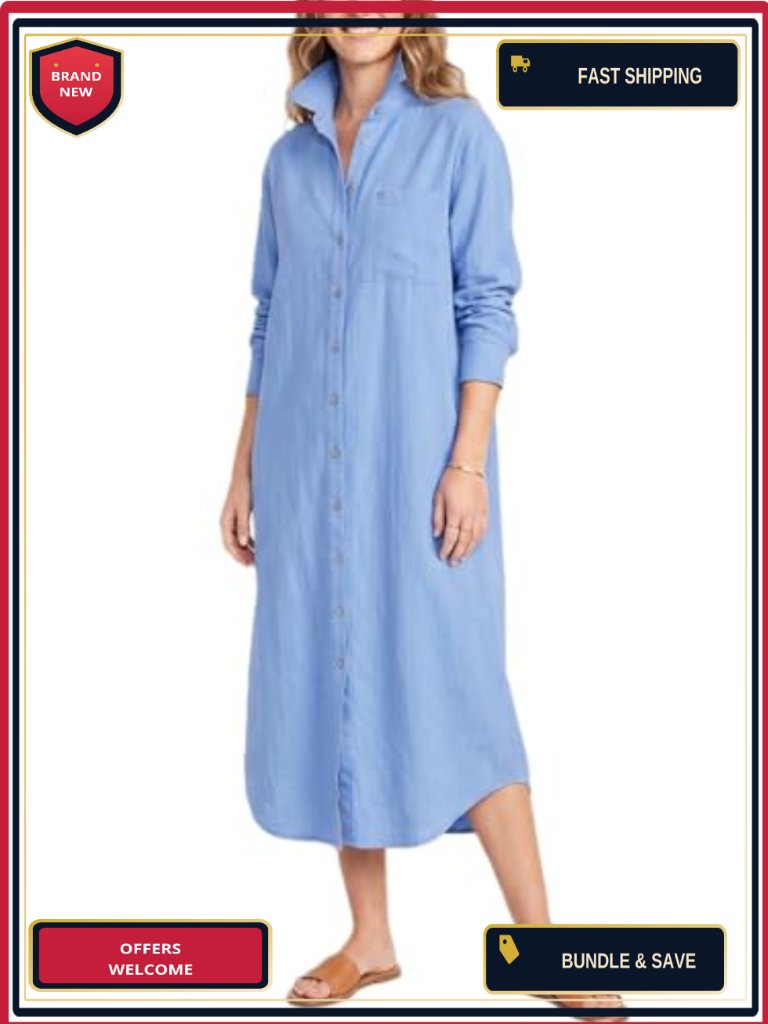 Women's Casual Cotton Maxi Shirt Dress With Long Sleeves Pockets